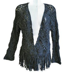 Nic Zoe Macrame Open Crochet Cardigan Tassel Fringe Open Front Metallic Blue S